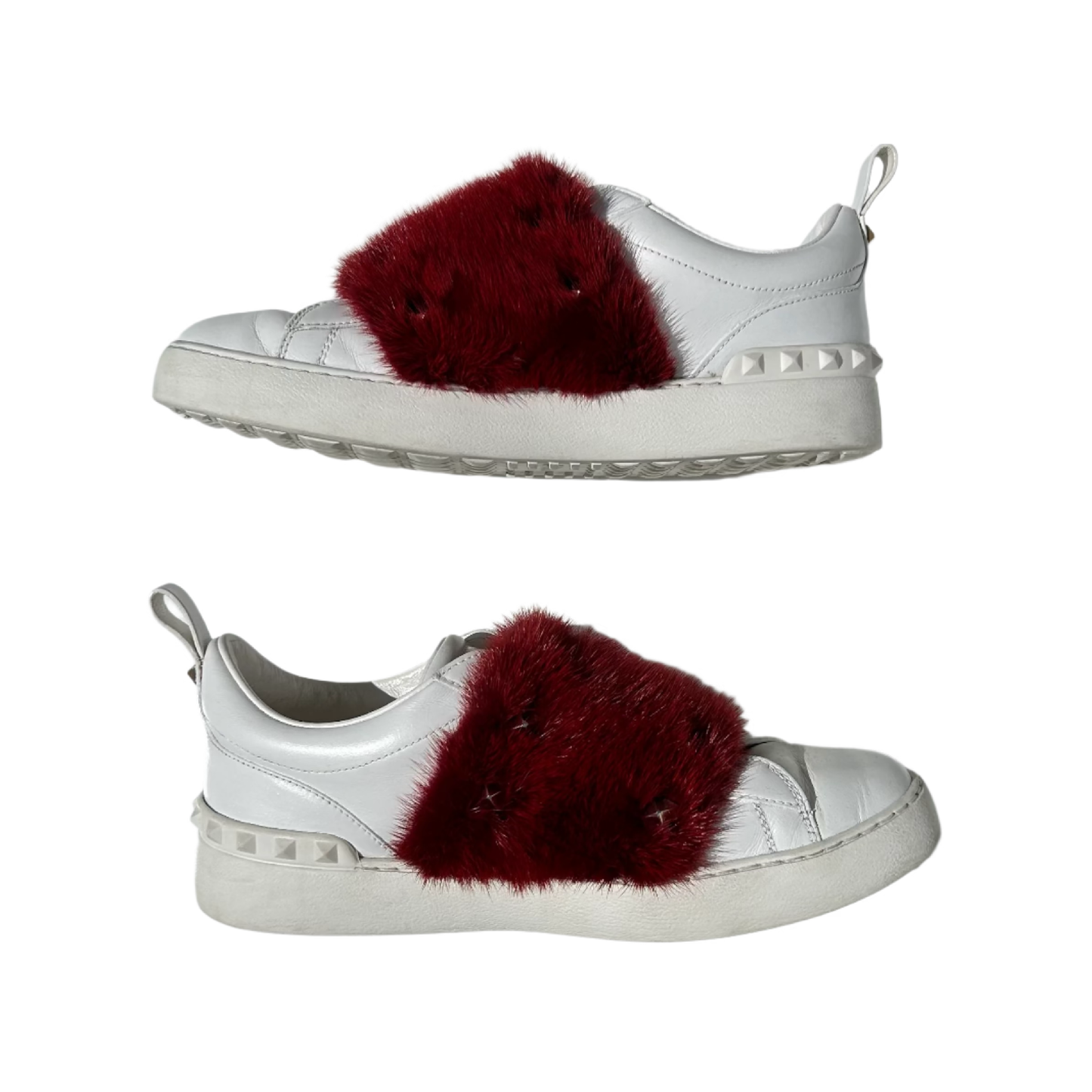 Red Mink Fur Rockstud Sneakers (De Uso)