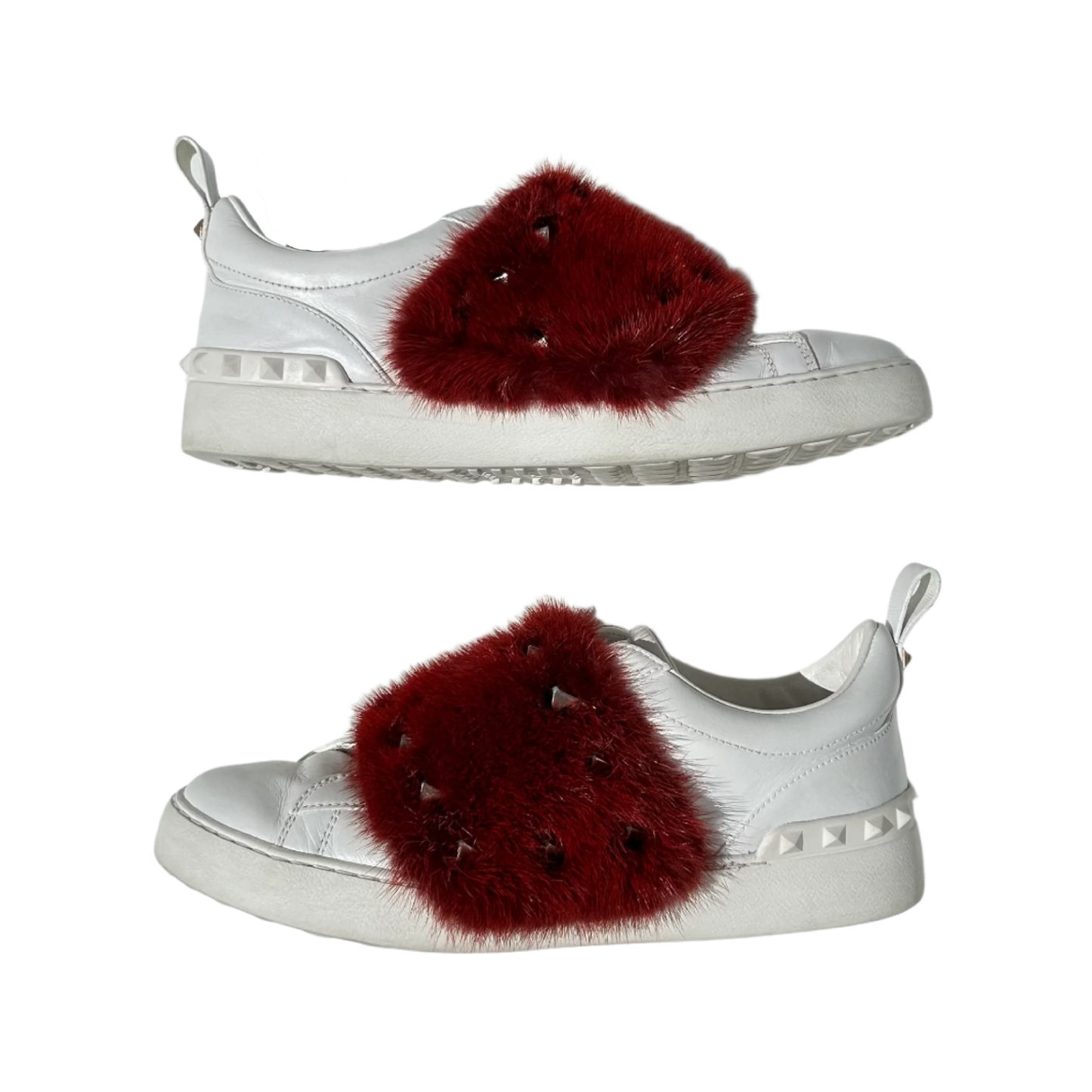 Red Mink Fur Rockstud Sneakers (De Uso)