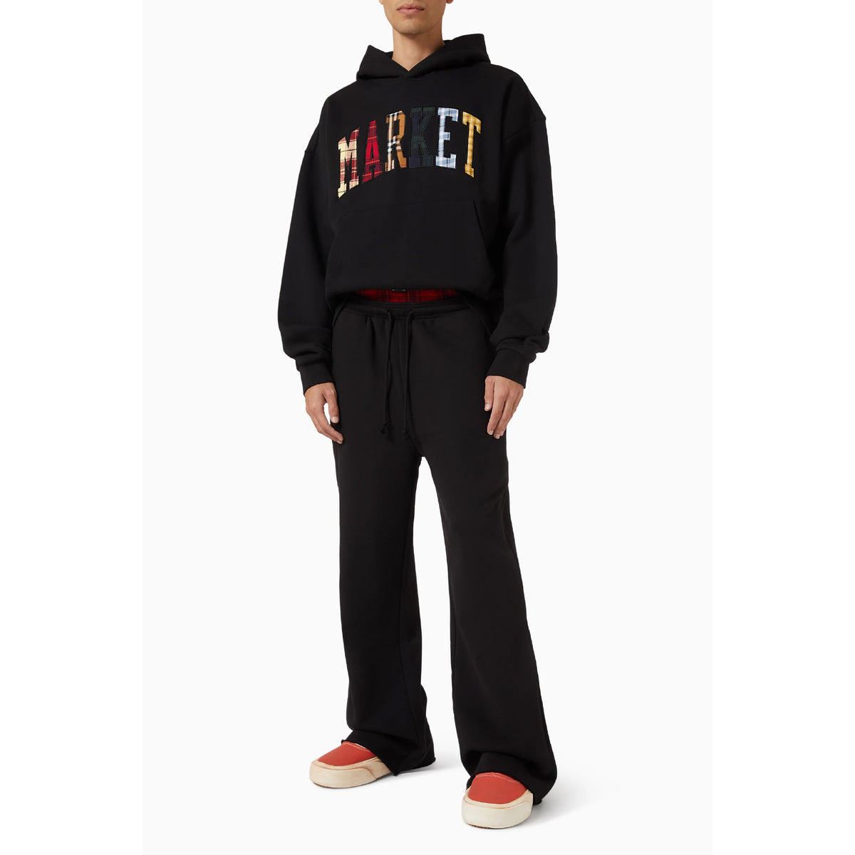 Plaid Applique Arc Open Leg Sweatpants (Black)