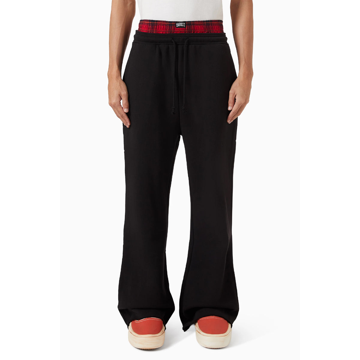 Plaid Applique Arc Open Leg Sweatpants (Black)